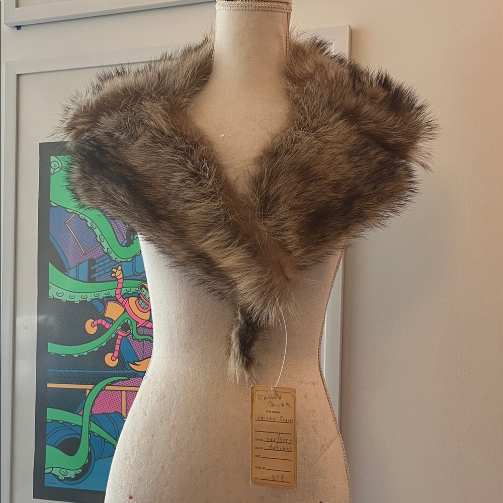 NWT 1960s 1970s Vintage Antique Raccoon Fur Collar Stole Scarf